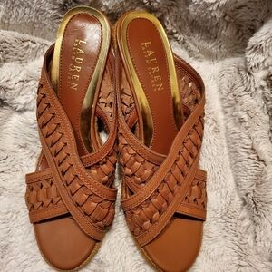 Ralph Lauren Giana Wedge Slip On Sandal Size 6 Brown Woven Leather